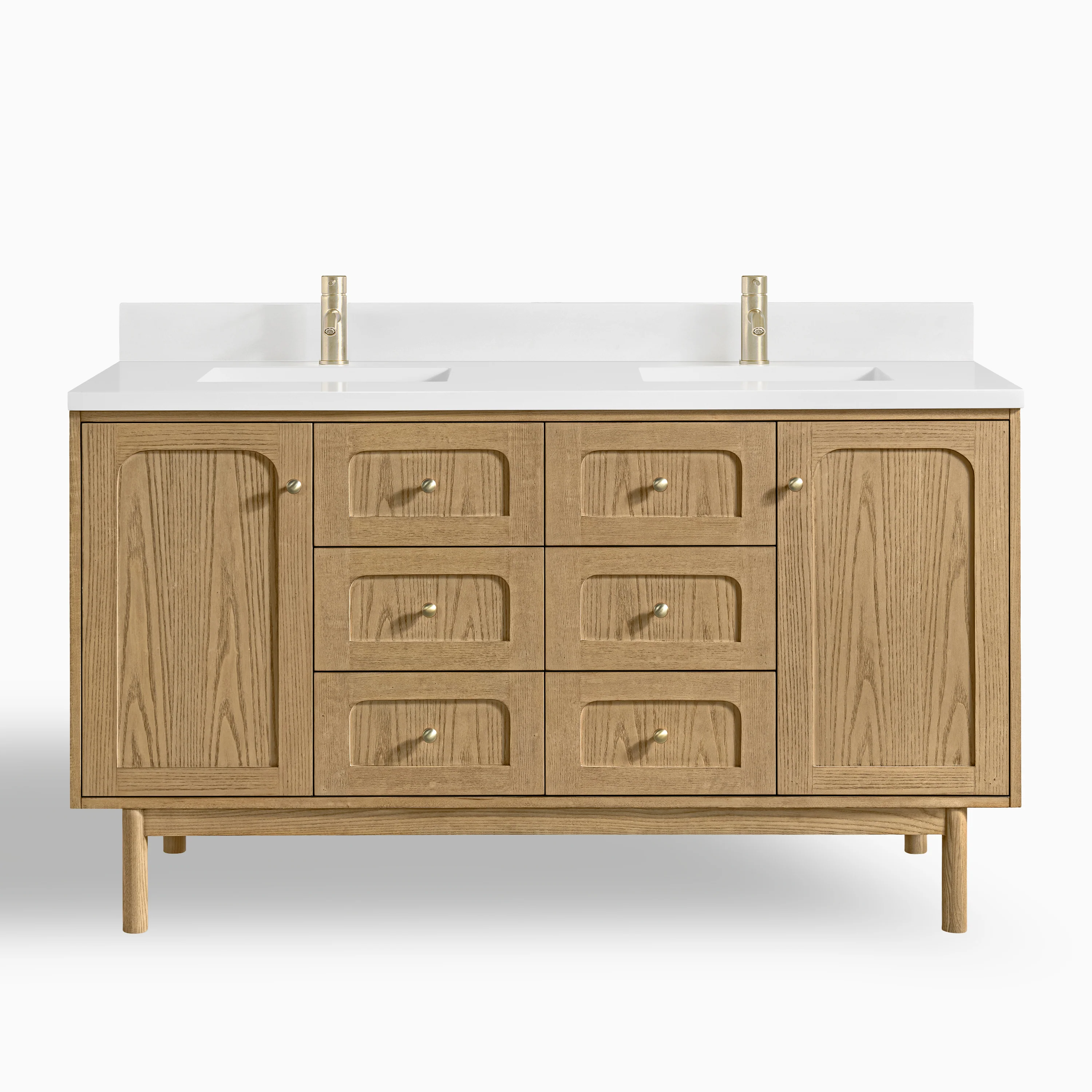 Abigail 60" Double Vanity in Light Natural Oak with Single Hole 3 cm White Zeus Quartz Top & Backsplash