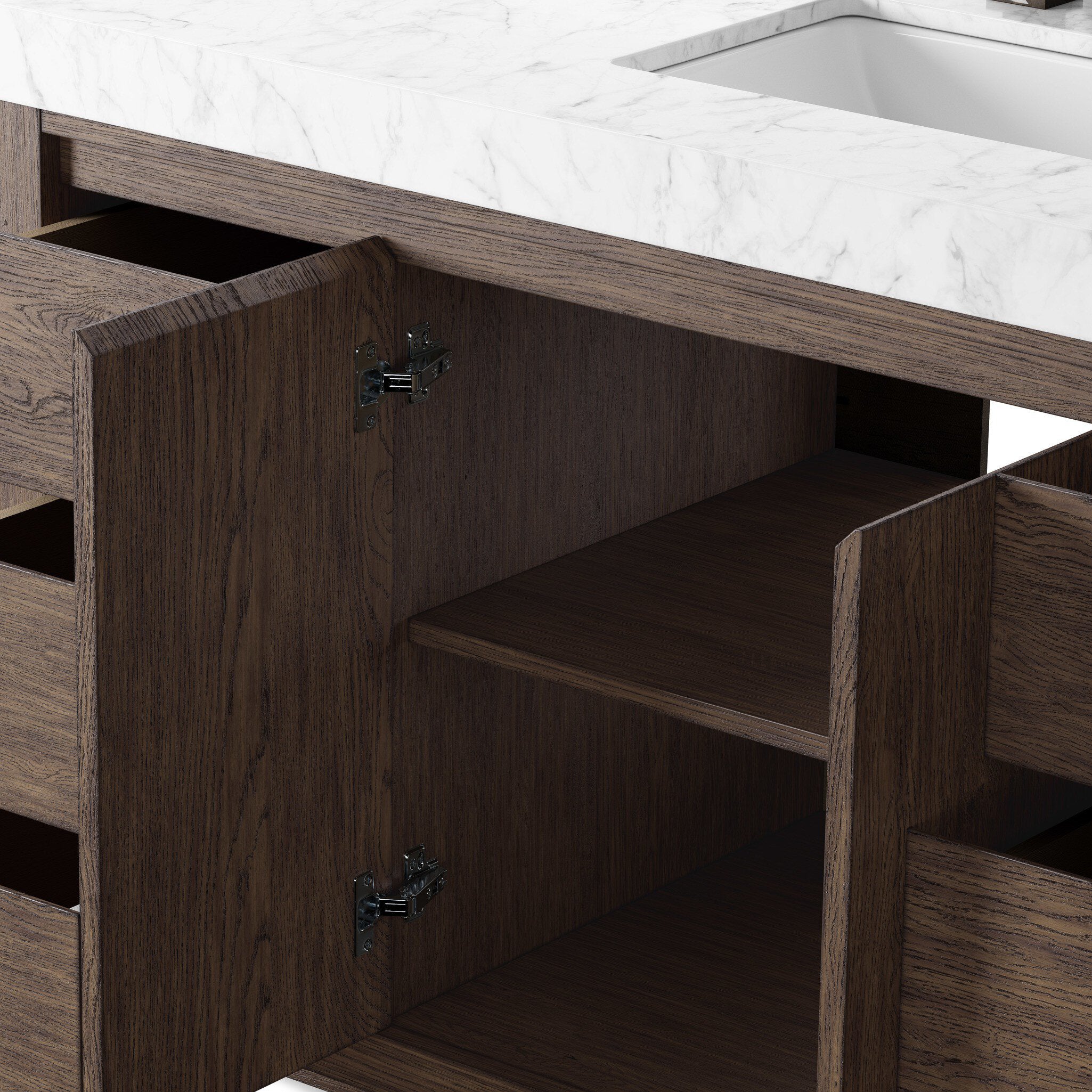 Alisa 55" Single Vanity in Satin Espresso Oak Veneer with Carrara Marble Top - Image 8