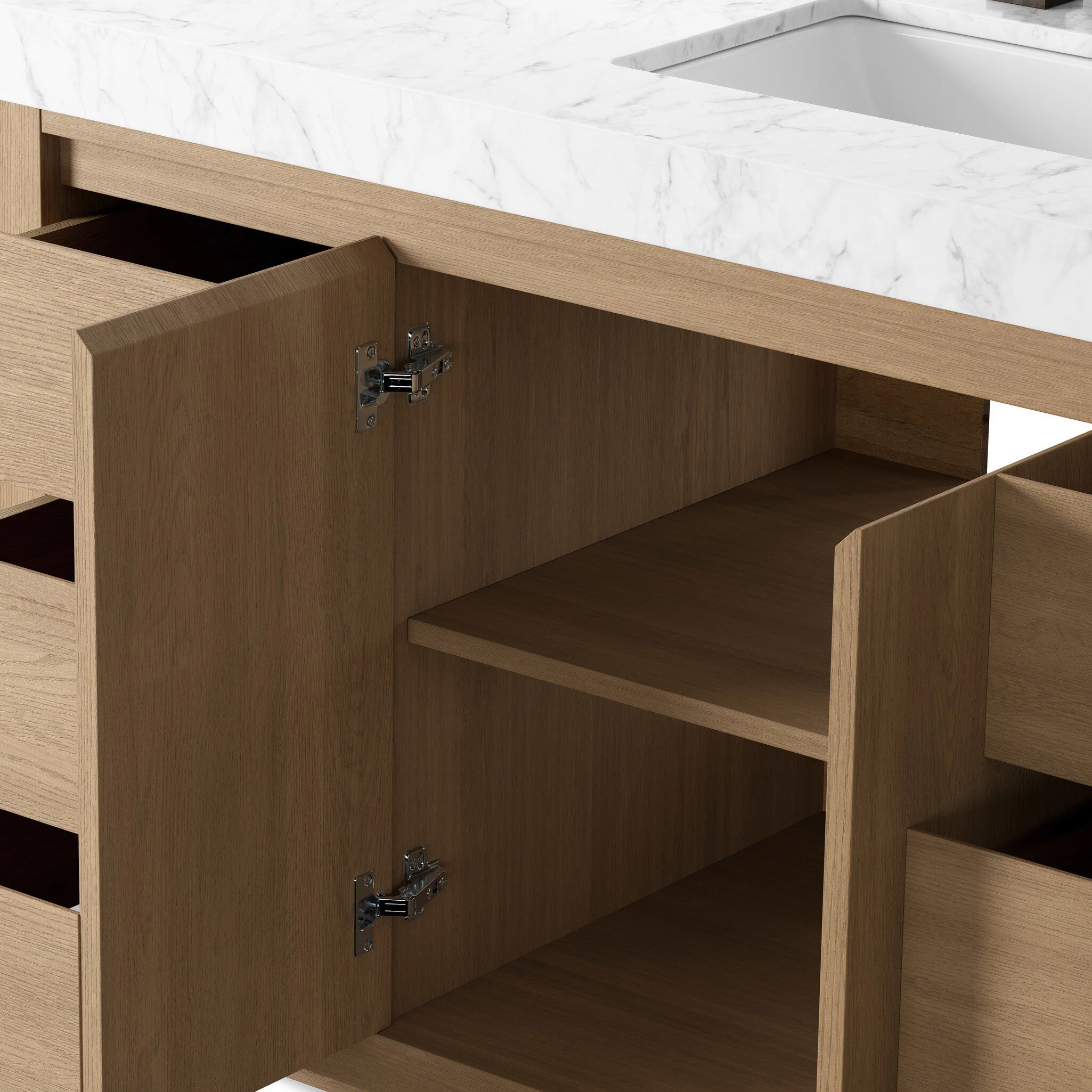 Alisa 55" Single Vanity in Satin Light Wash Oak Veneer with Carrara Marble Top - Image 7