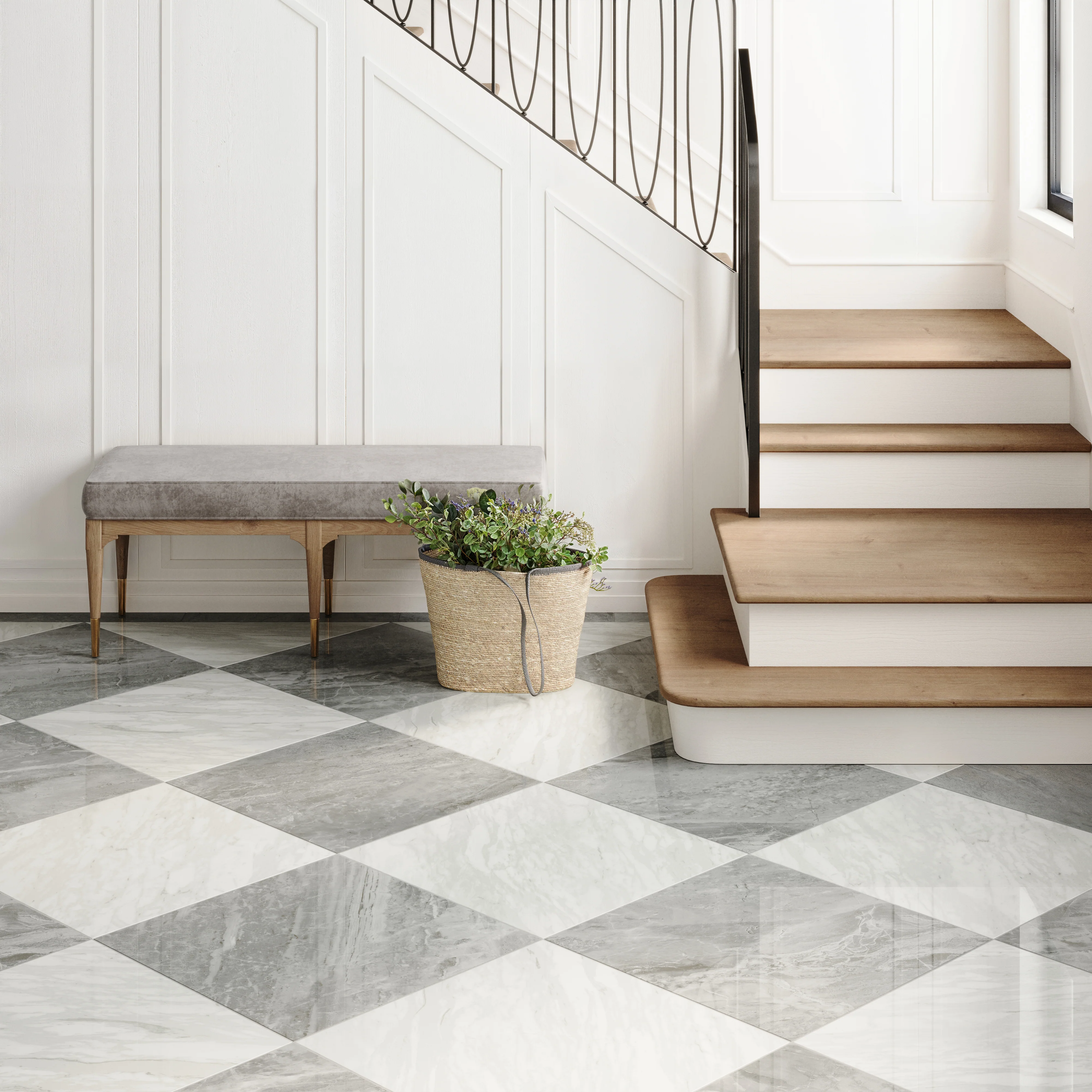 Blair 24x24 Checkerboard Polished Porcelain Tile in Oniciata Grey and Volakas White - Image 2