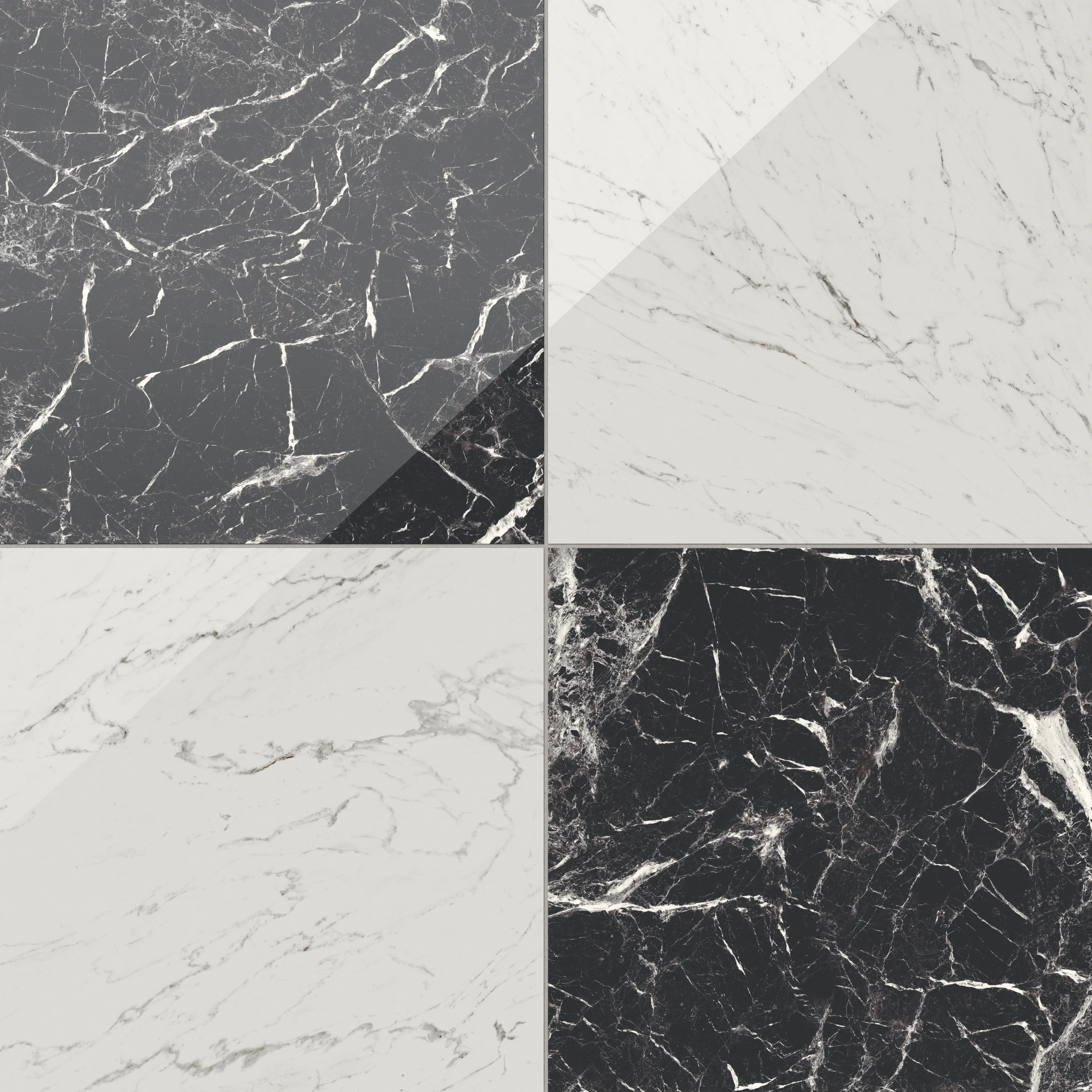 Blair 24x24 Checkerboard Polished Porcelain Tile in White Carrara and Marmo Black
