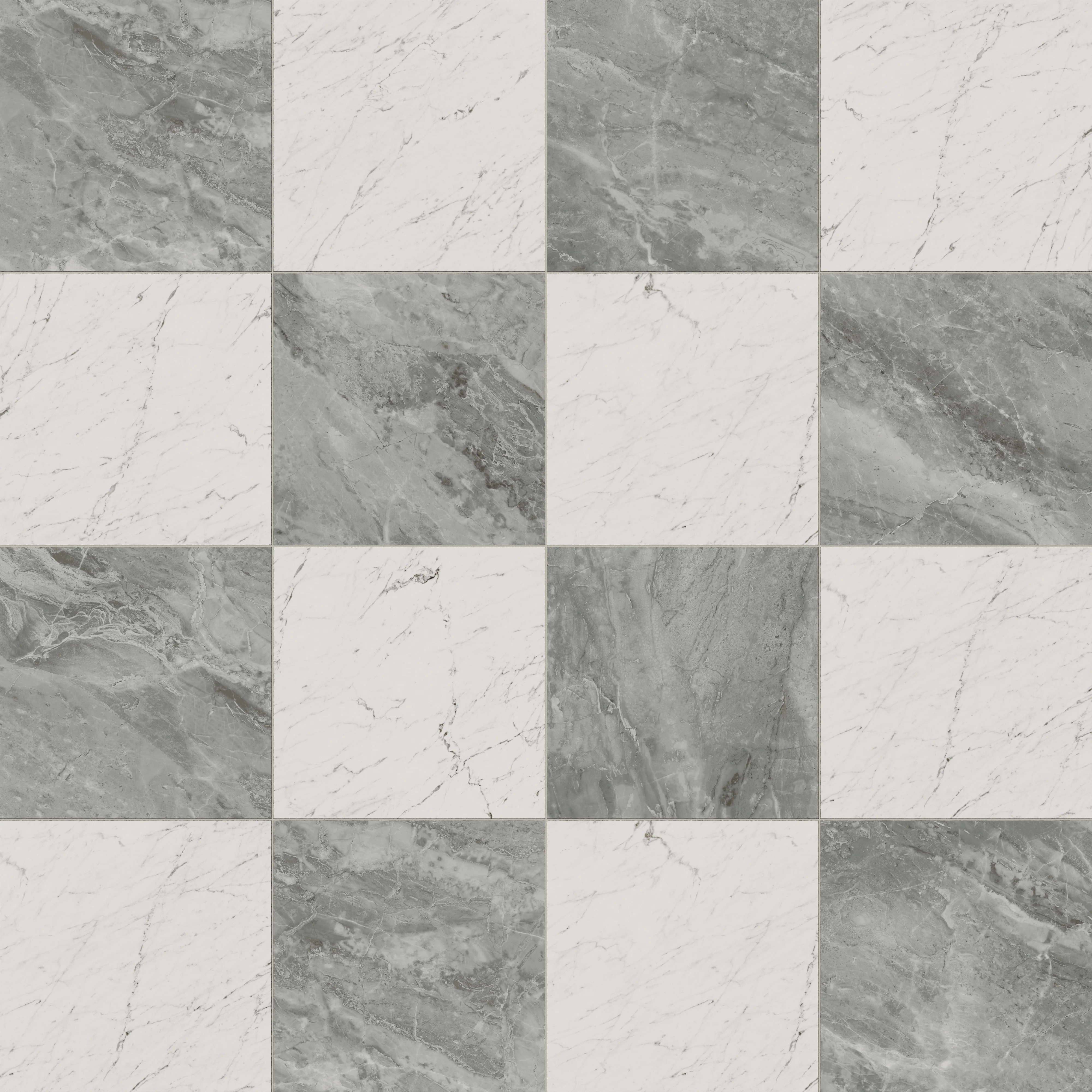 Blair 24x24 Checkerboard Polished Porcelain Tile in White Carrara and Oniciata Grey - Image 5