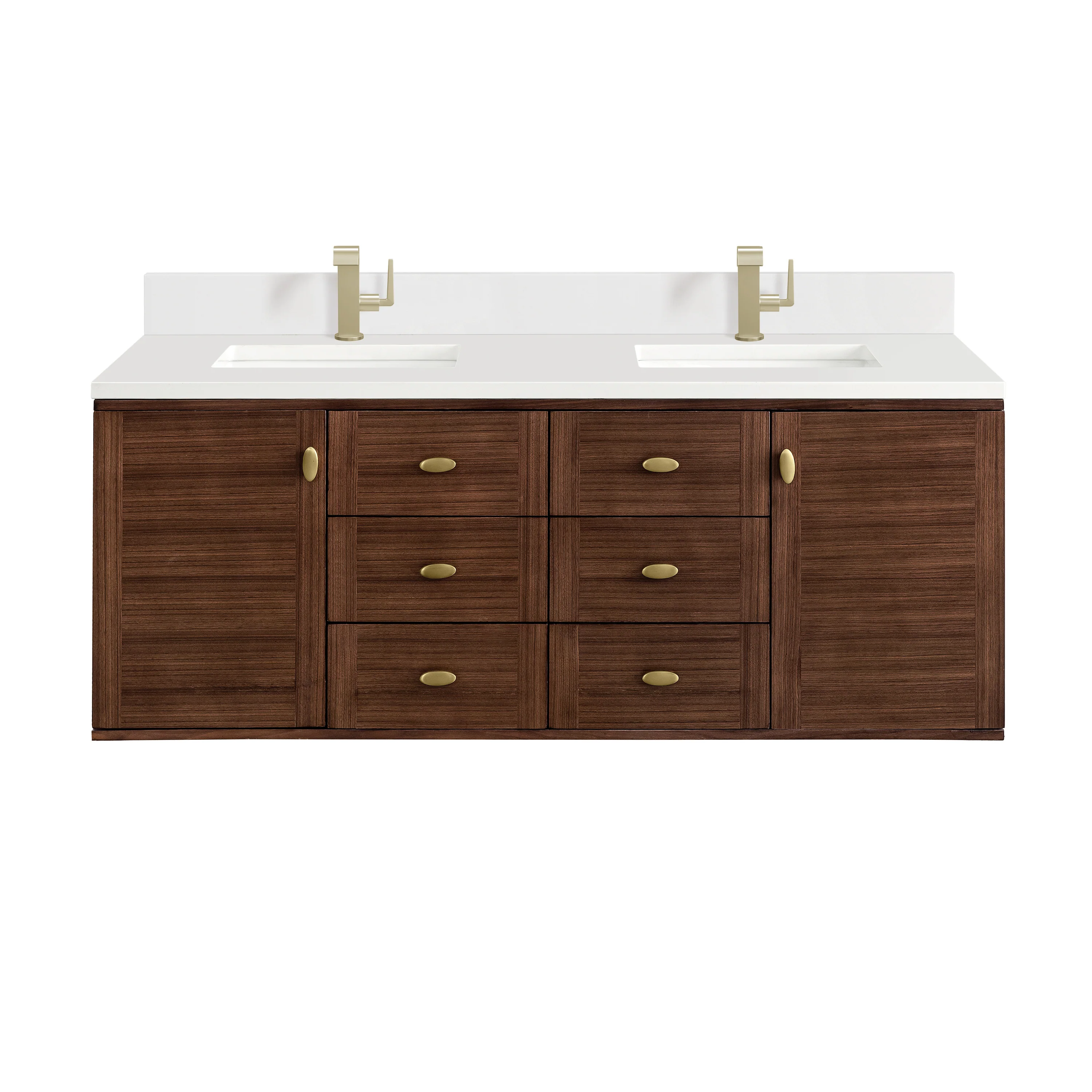 Demi 60" Double Vanity in Mid-Century Walnut with Single Hole 3 cm White Zeus Quartz Top & Backsplash