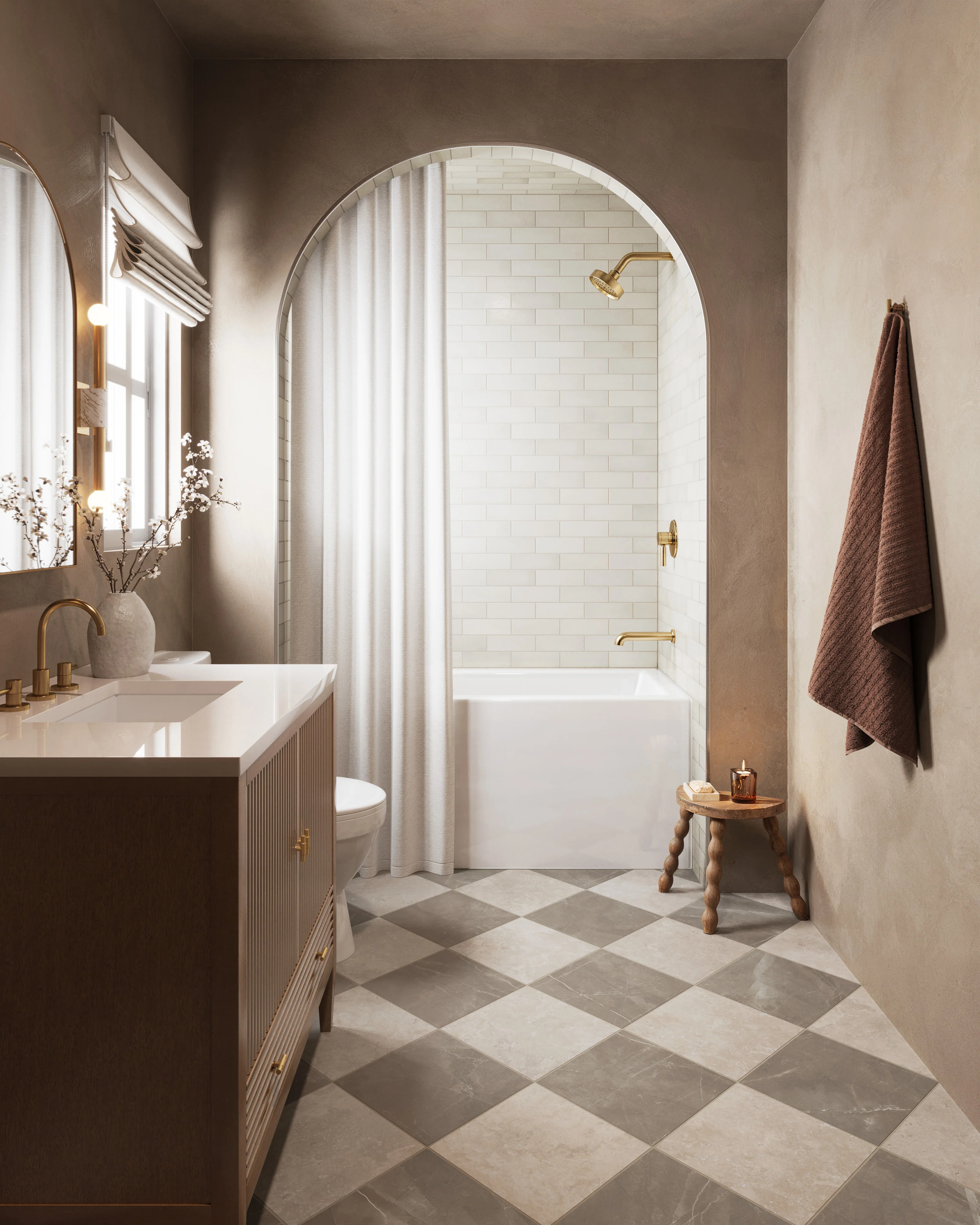Leona 12 x 12 Checkerboard Matte Porcelain Tile in Marfil and Amani Bronze - Image 10