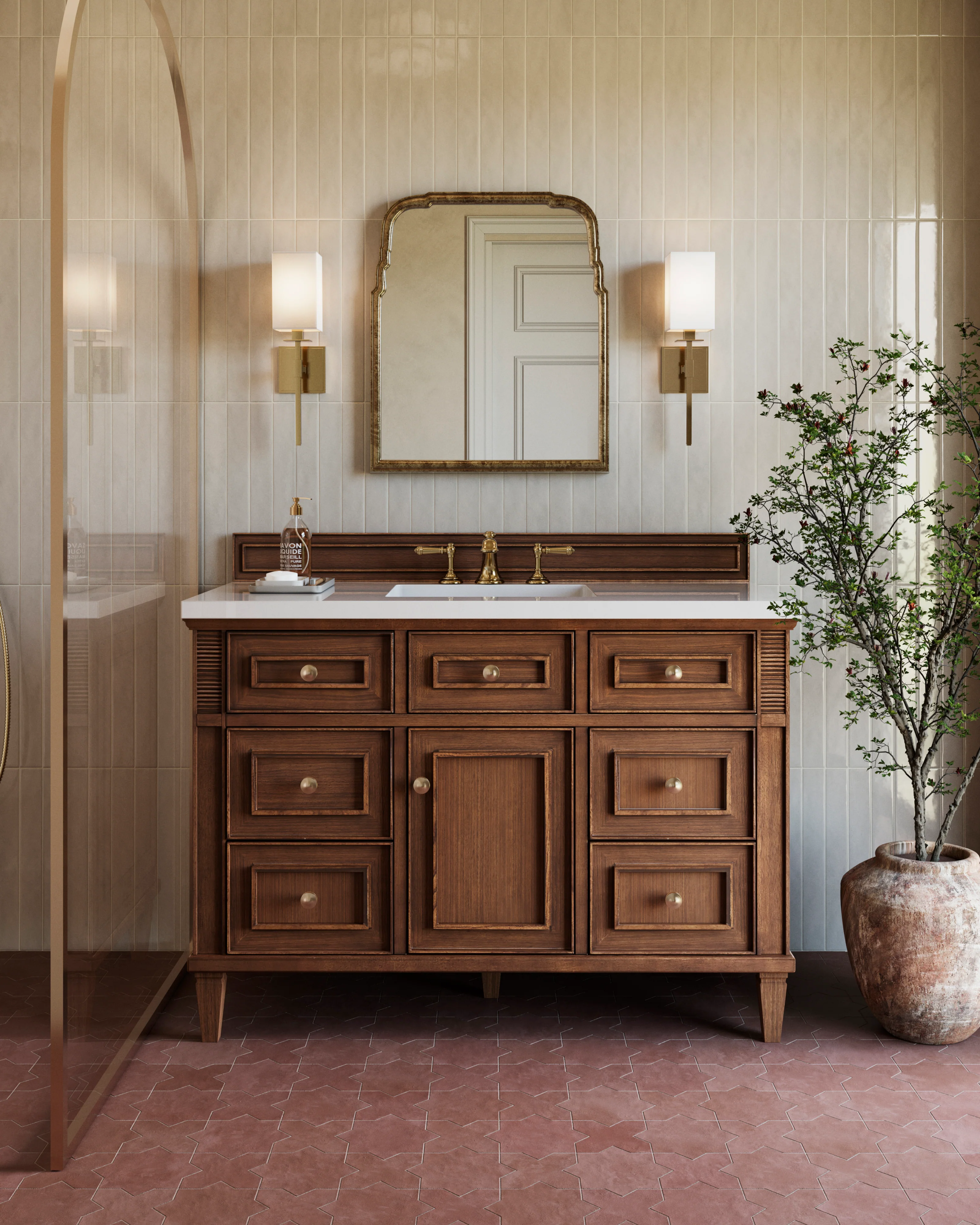 Elodie 48" Single Vanity in Mid-Century Walnut with 3 cm White Zeus Quartz Top - Image 2