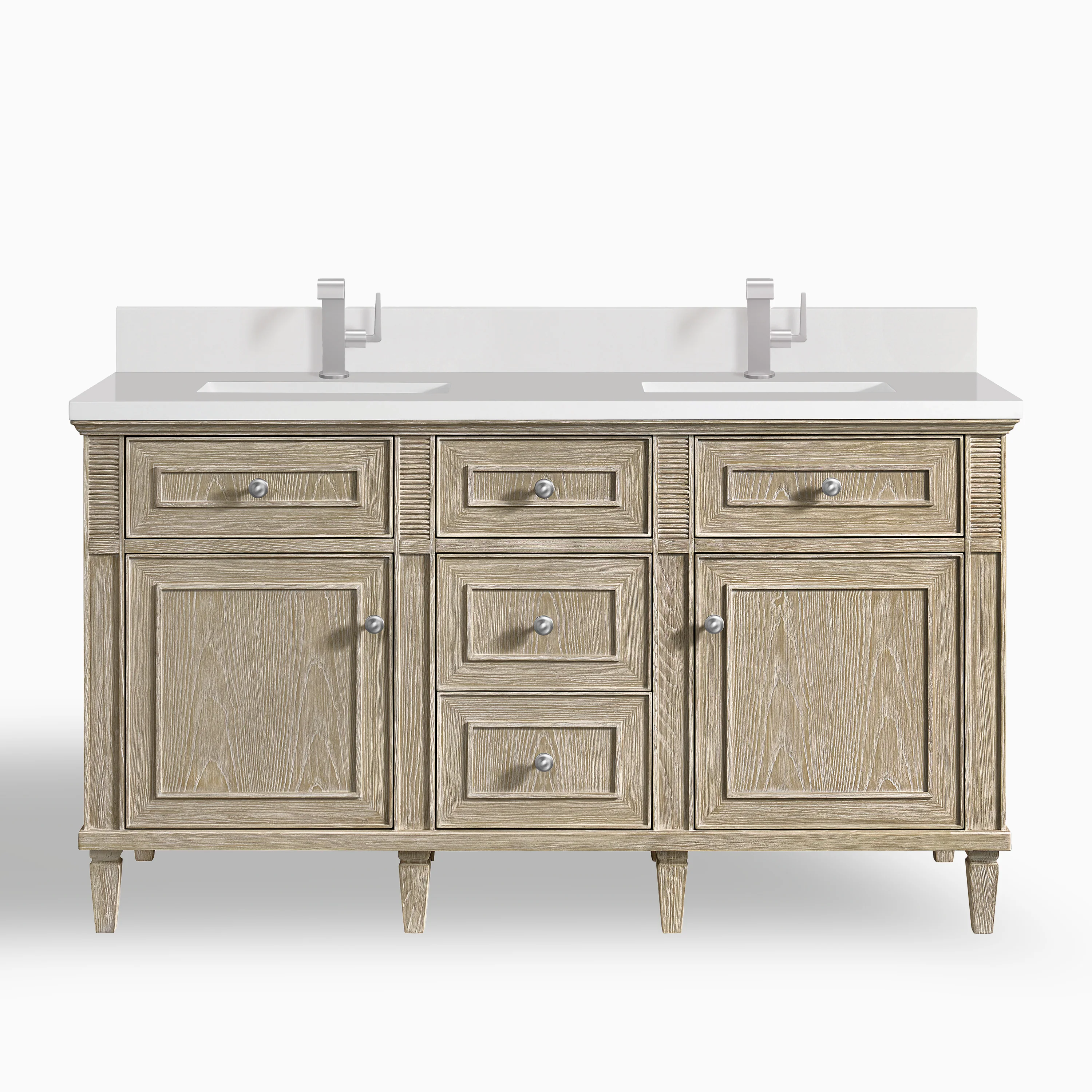 Elodie 60" Double Vanity in Whitewashed Oak with Single Hole 3 cm White Zeus Quartz Top & Backsplash