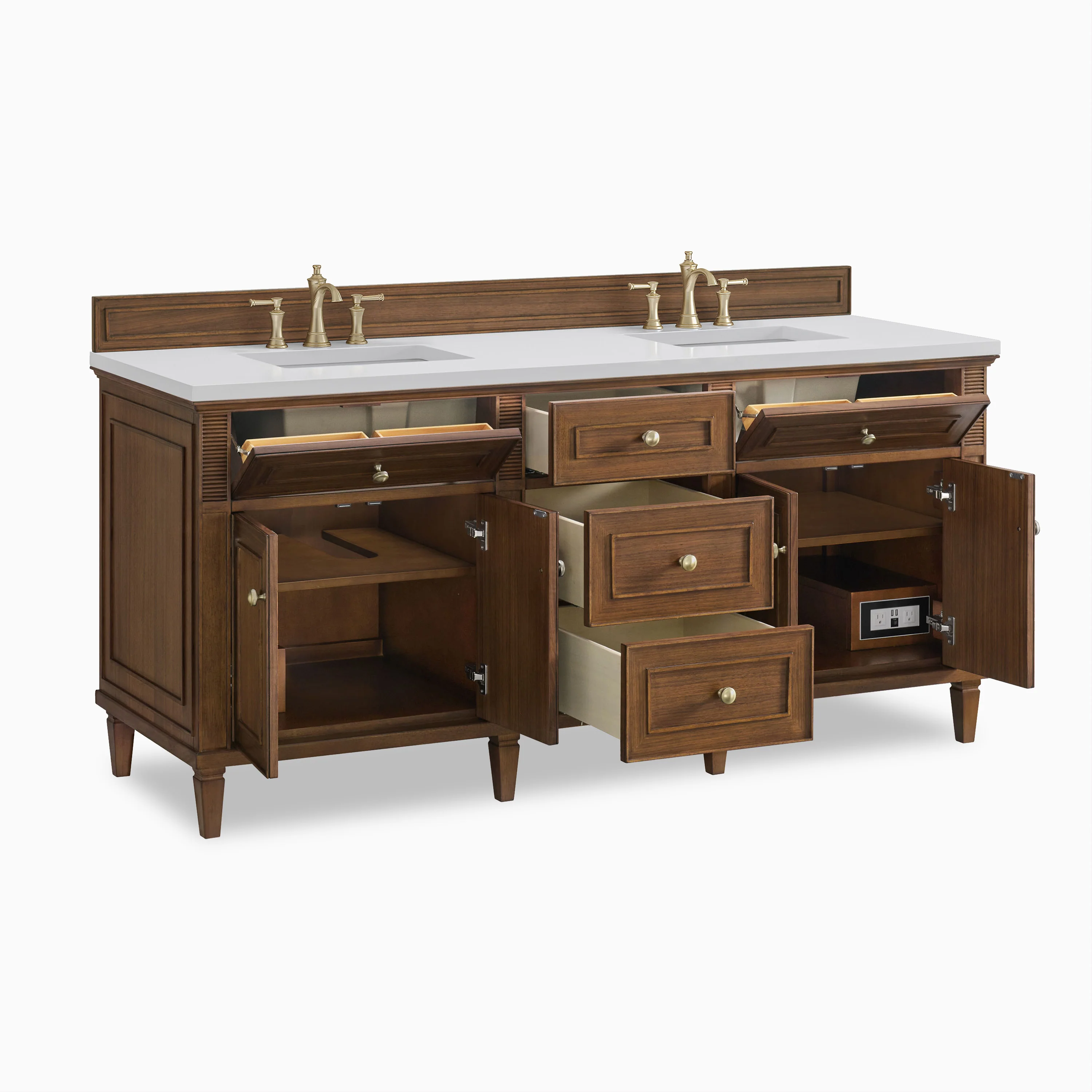Elodie 72" Double Vanity in Mid-Century Walnut with 3 cm White Zeus Quartz Top - Image 4