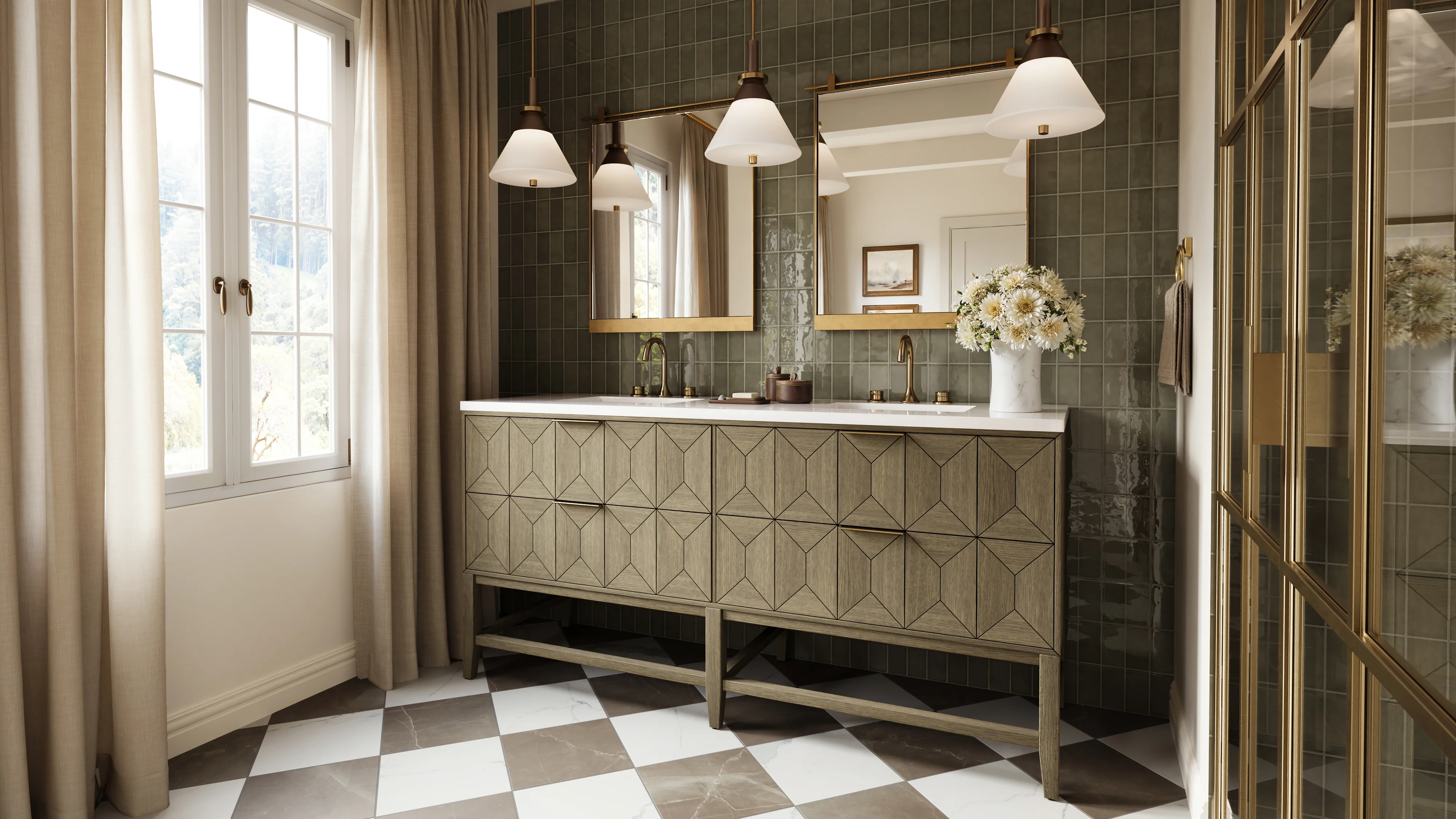 Leona 12x12 Checkerboard Matte Porcelain Tile in Calacatta and Amani Bronze - Image 8