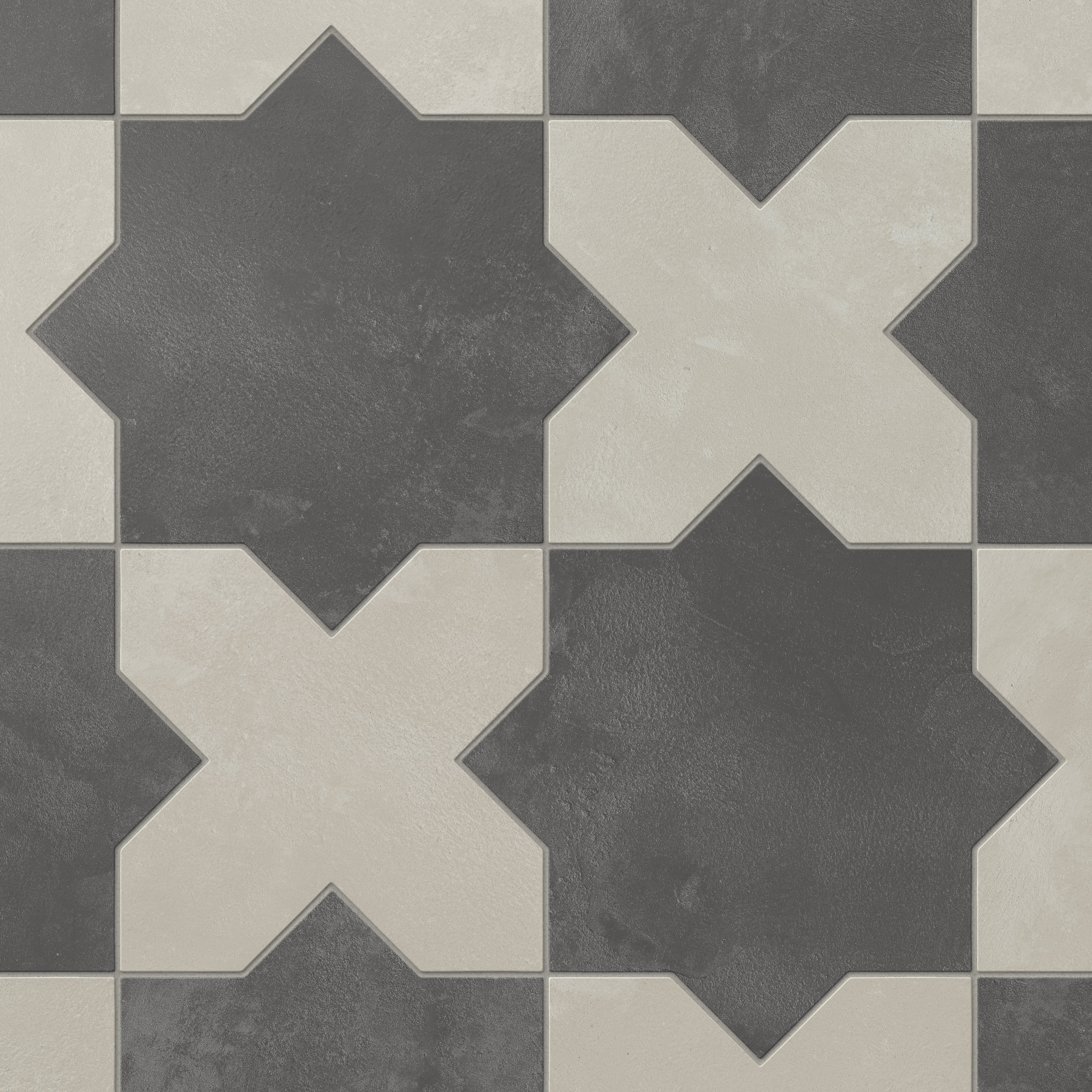 Isabel 11x11 Matte Porcelain Tile Star in Charcoal and Cross in Silverstone