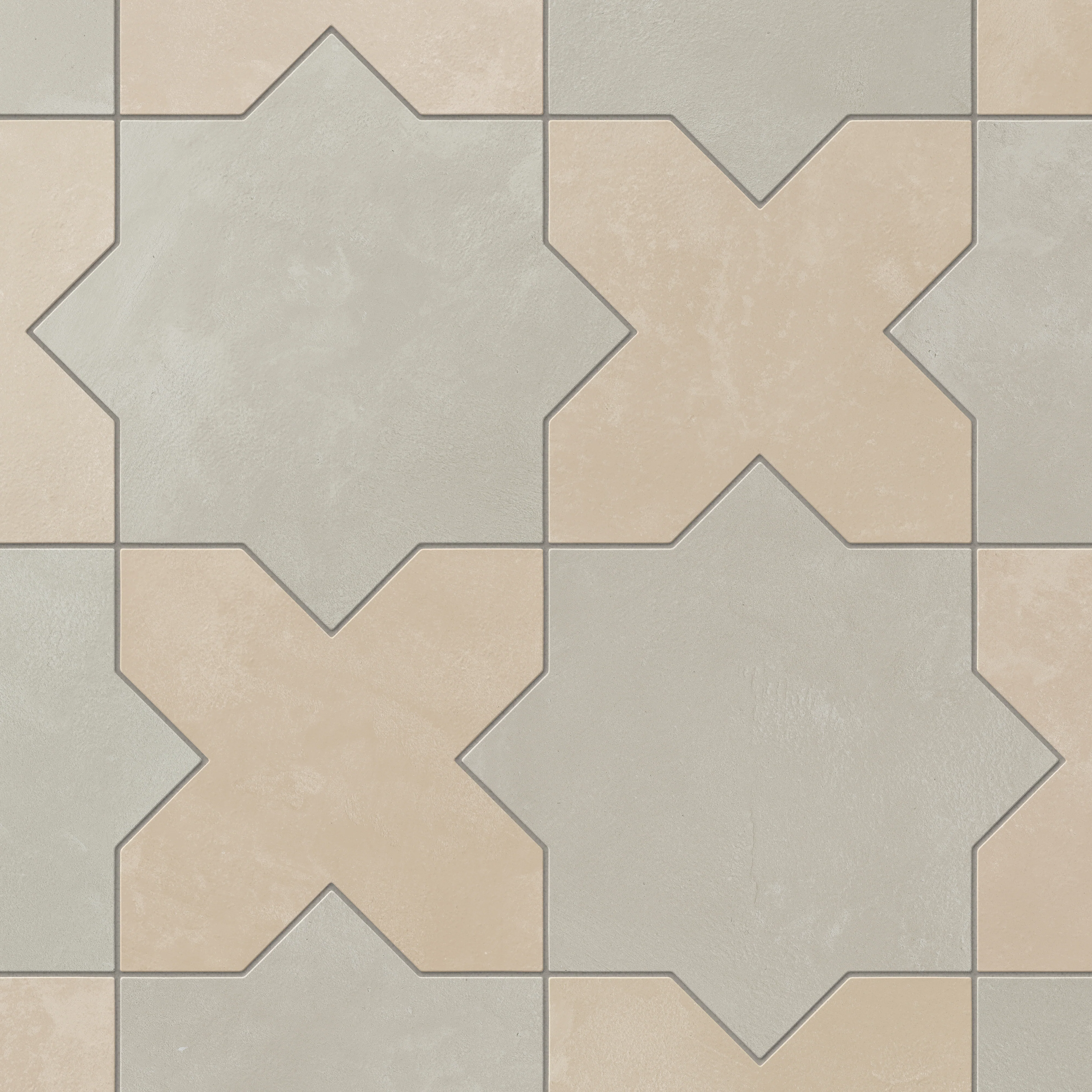 Isabel 11x11 Matte Porcelain Tile Star in Silverstone and Cross in Almond Mist