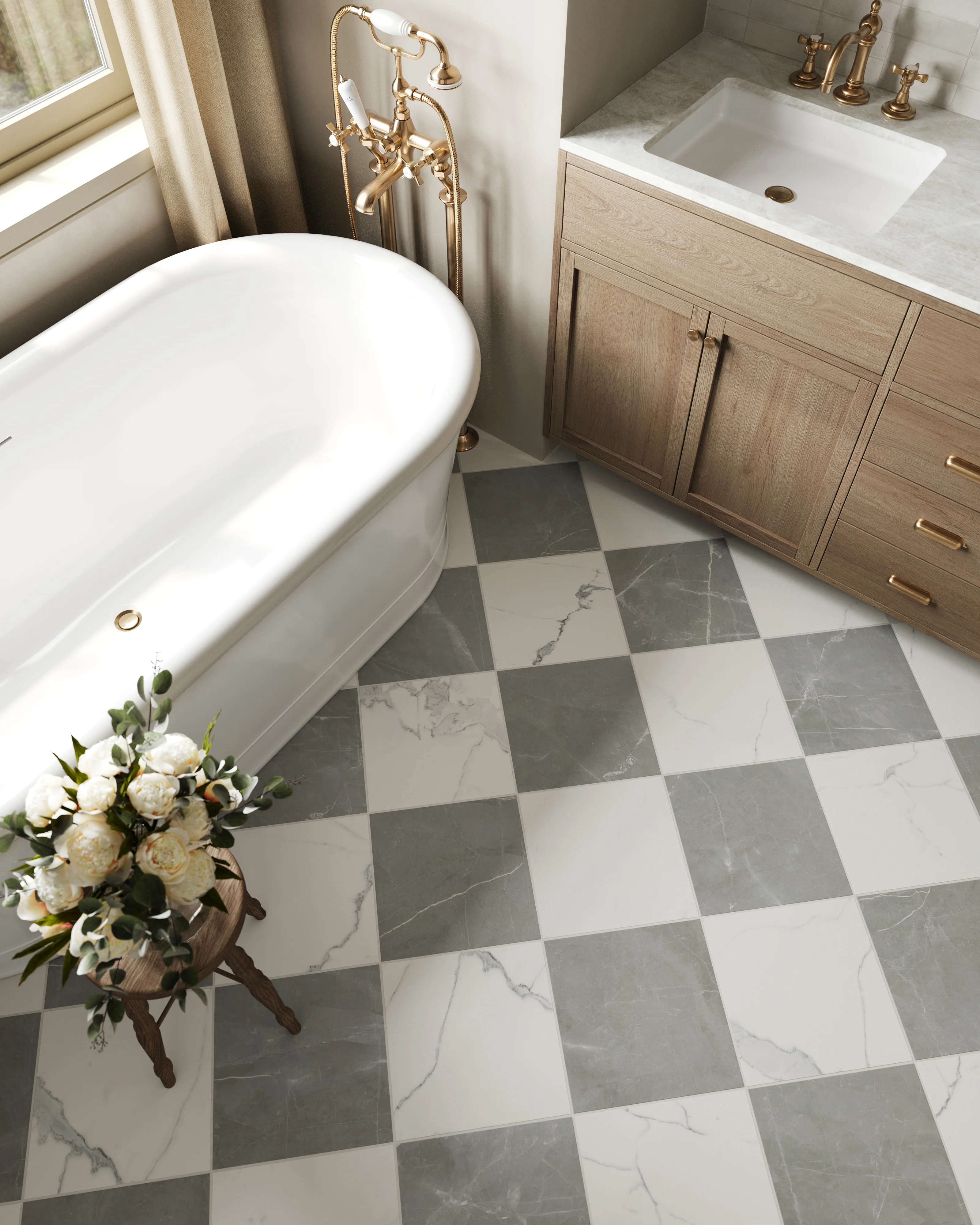 Leona 12x12 Checkerboard Matte Porcelain Tile in Calacatta and Amani Grey - Image 12