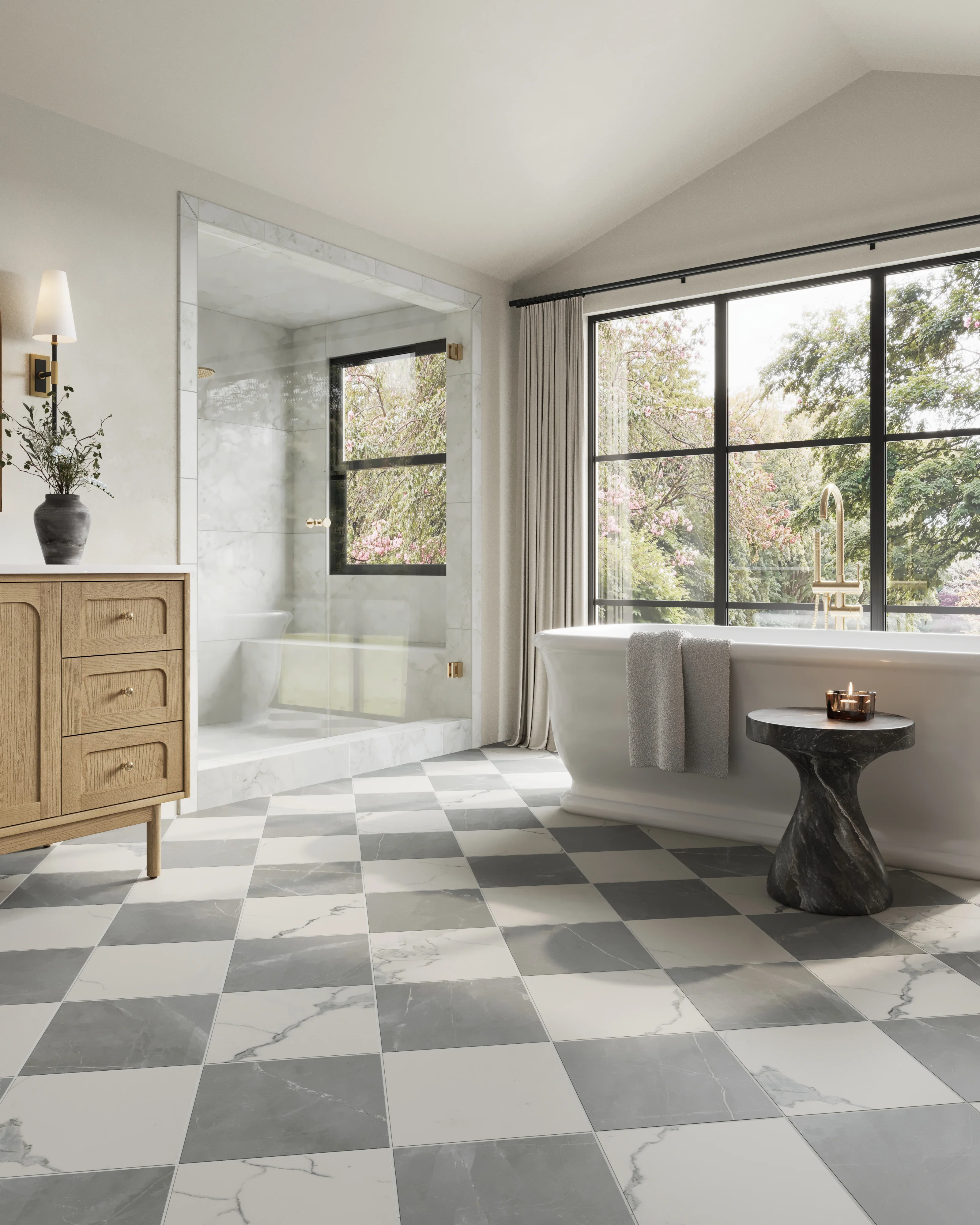 Leona 12x12 Checkerboard Matte Porcelain Tile in Calacatta and Amani Grey - Image 16