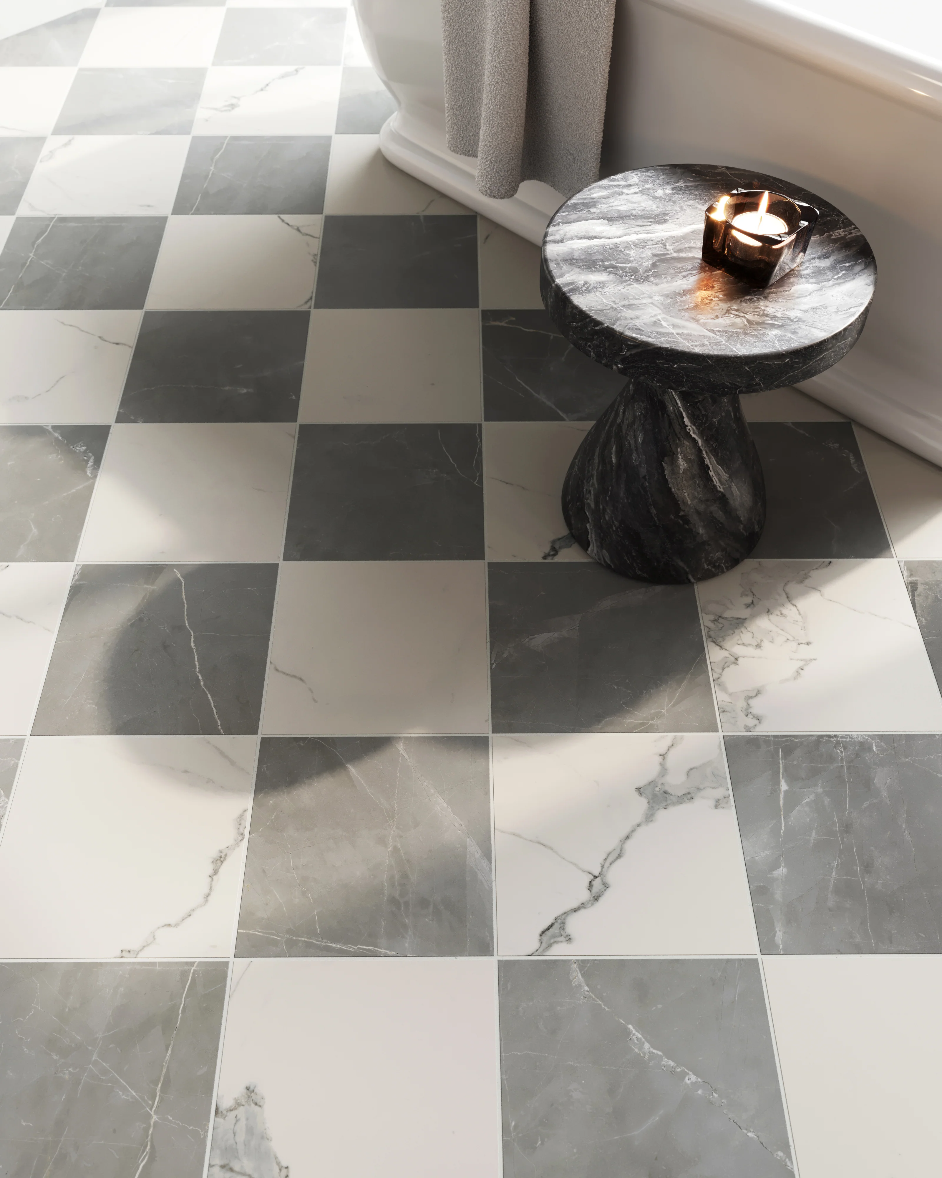 Leona 12x12 Checkerboard Matte Porcelain Tile in Calacatta and Amani Grey - Image 17