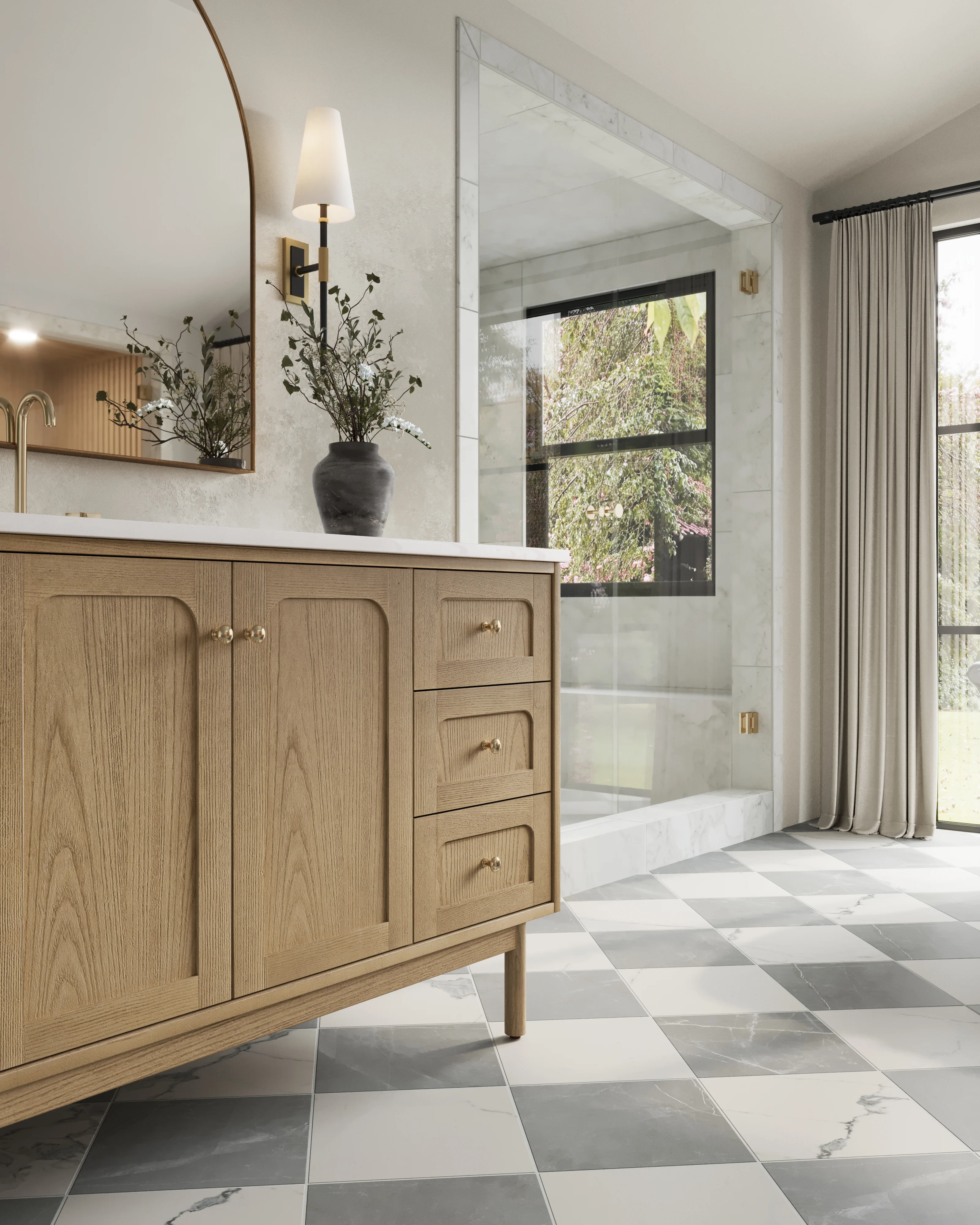 Leona 12x12 Checkerboard Matte Porcelain Tile in Calacatta and Amani Grey - Image 8
