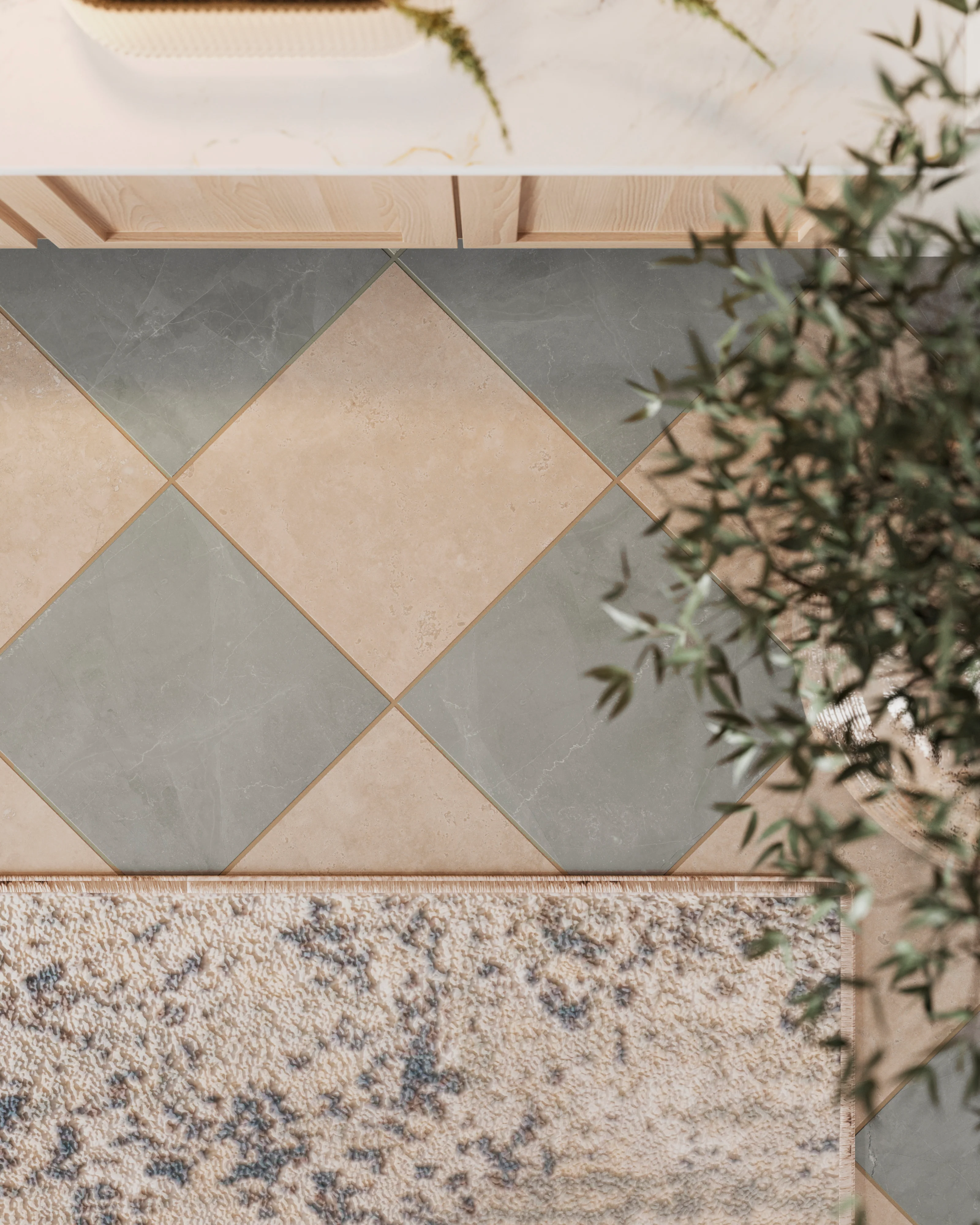 Leona 12x12 Checkerboard Polished Porcelain Tile in Marfil and Amani Grey - Image 2