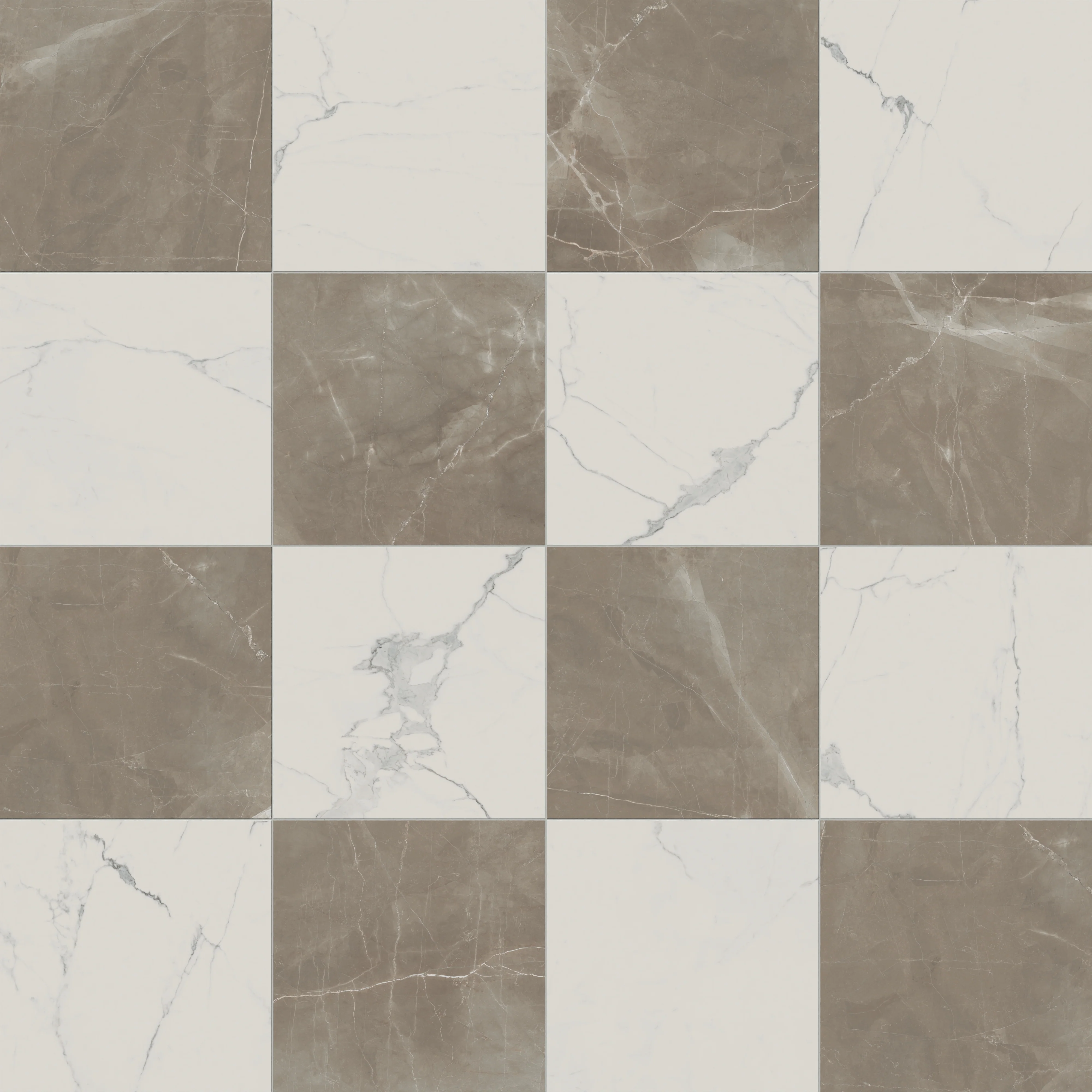 Leona 24x24 Checkerboard Matte Porcelain Tile in Calacatta and Amani Bronze - Image 6