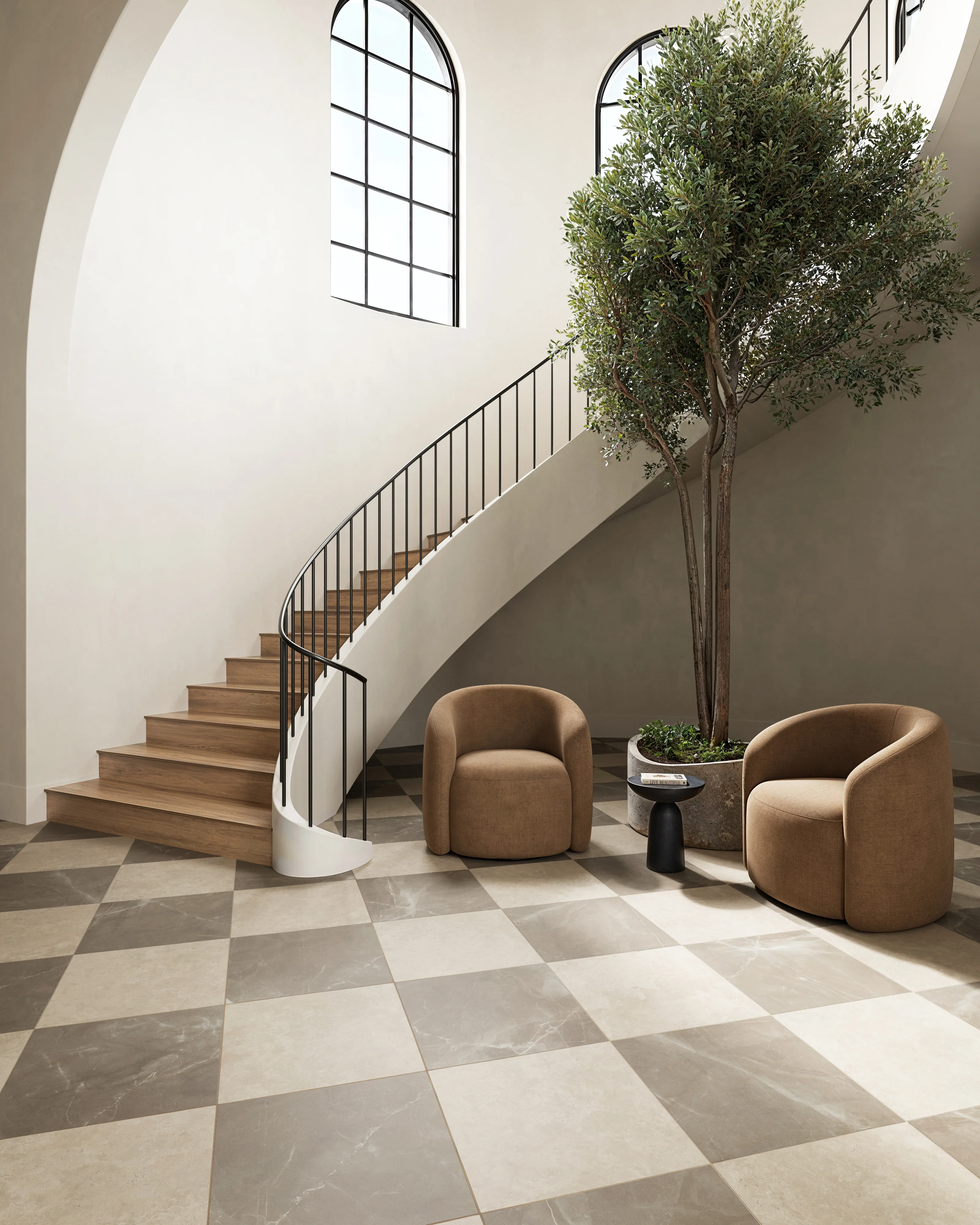 Leona 24x24 Checkerboard Matte Porcelain Tile in Marfil and Amani Bronze - Image 7