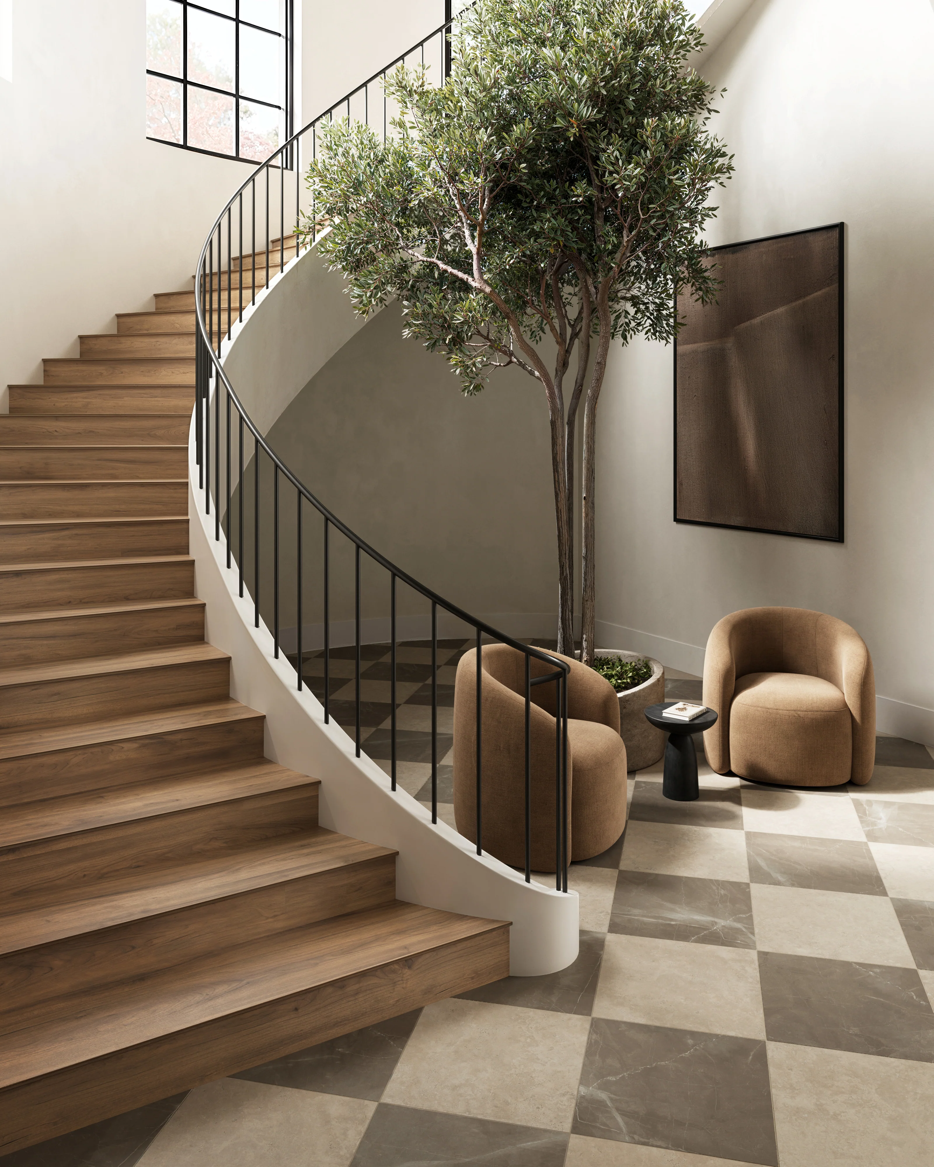 Leona 24x24 Checkerboard Matte Porcelain Tile in Marfil and Amani Bronze - Image 8
