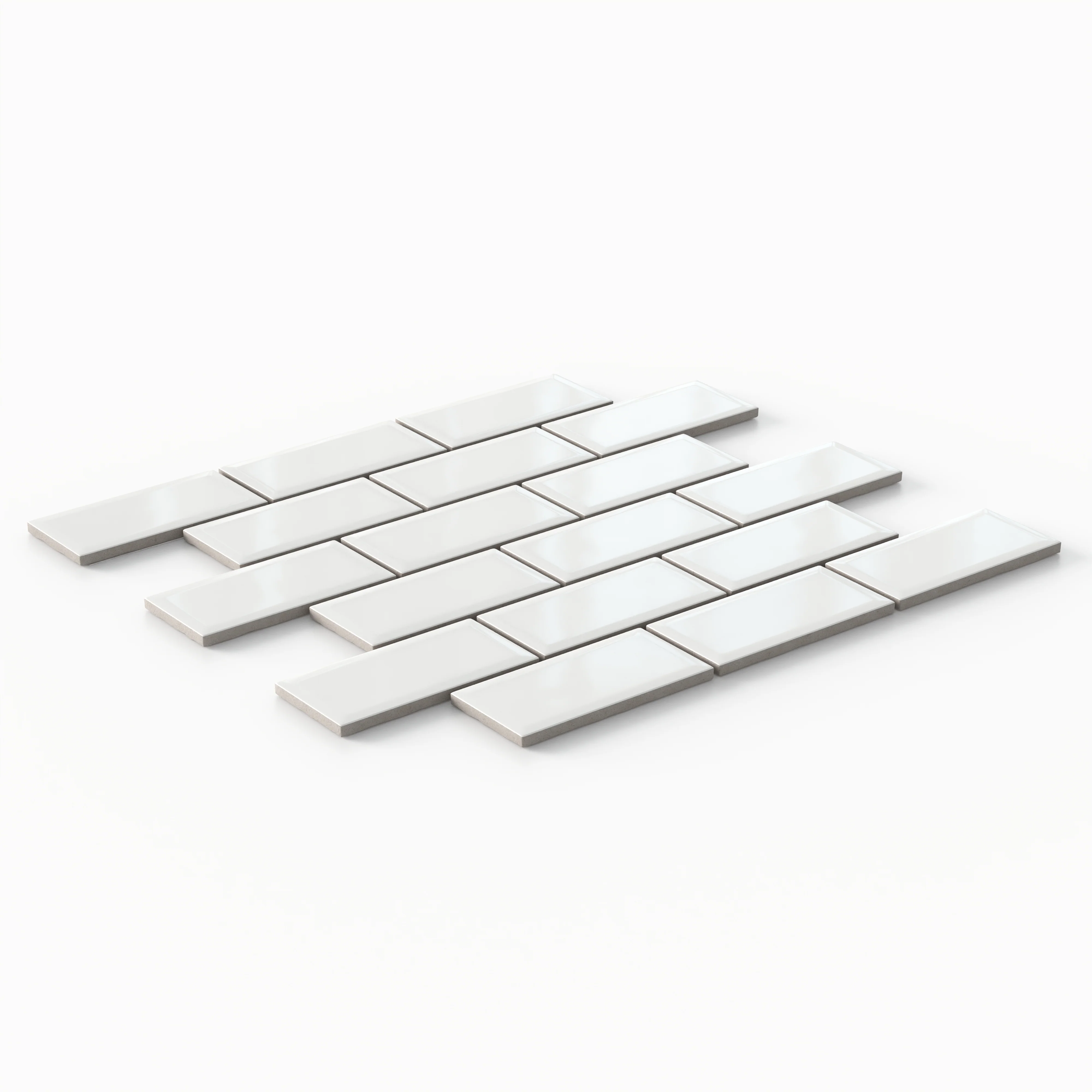 Maggie 12x12 Glossy Porcelain 2x4 Brick Beveled Mosaic Tile in White - Image 2