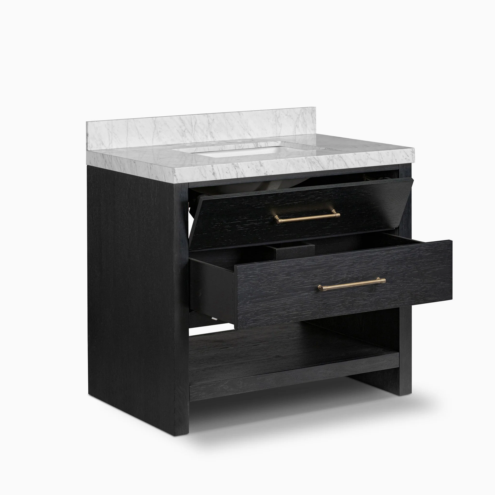 Maxine 36" Single Vanity in Black Wash Oak Veneer with Carrara Marble Top - Image 7