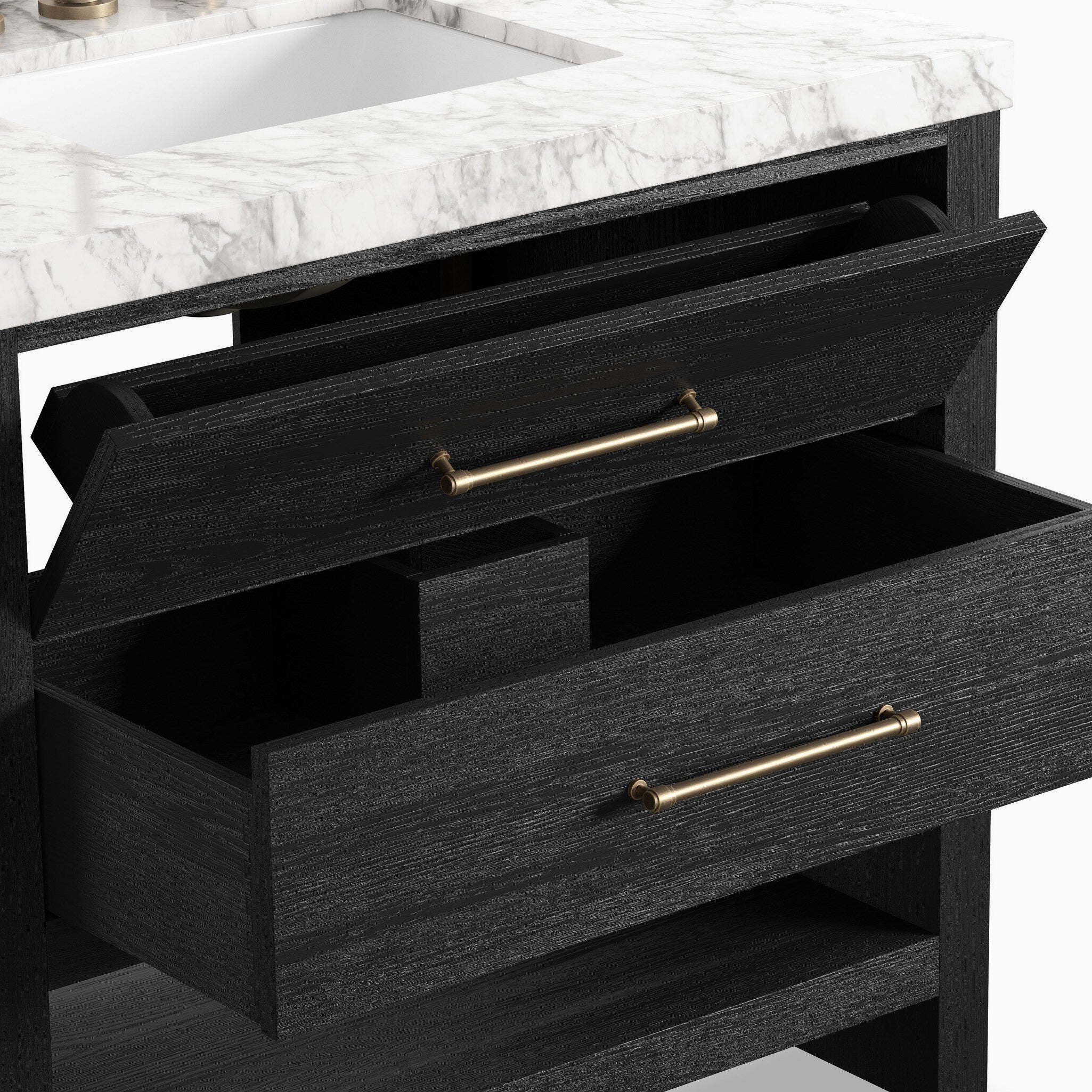 Maxine 36" Single Vanity in Black Wash Oak Veneer with Carrara Marble Top - Image 9