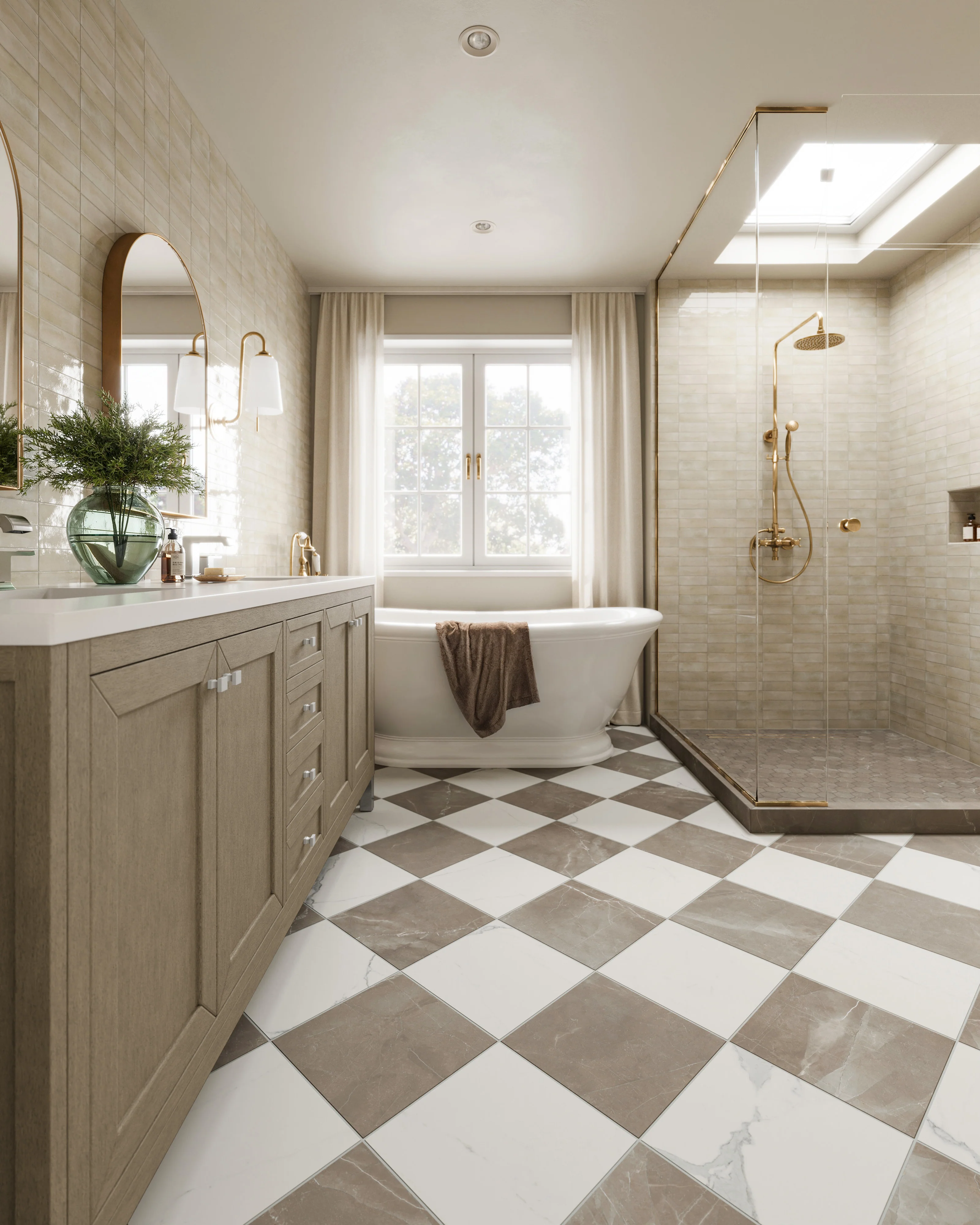 Leona 12x12 Checkerboard Matte Porcelain Tile in Calacatta and Amani Bronze - Image 11