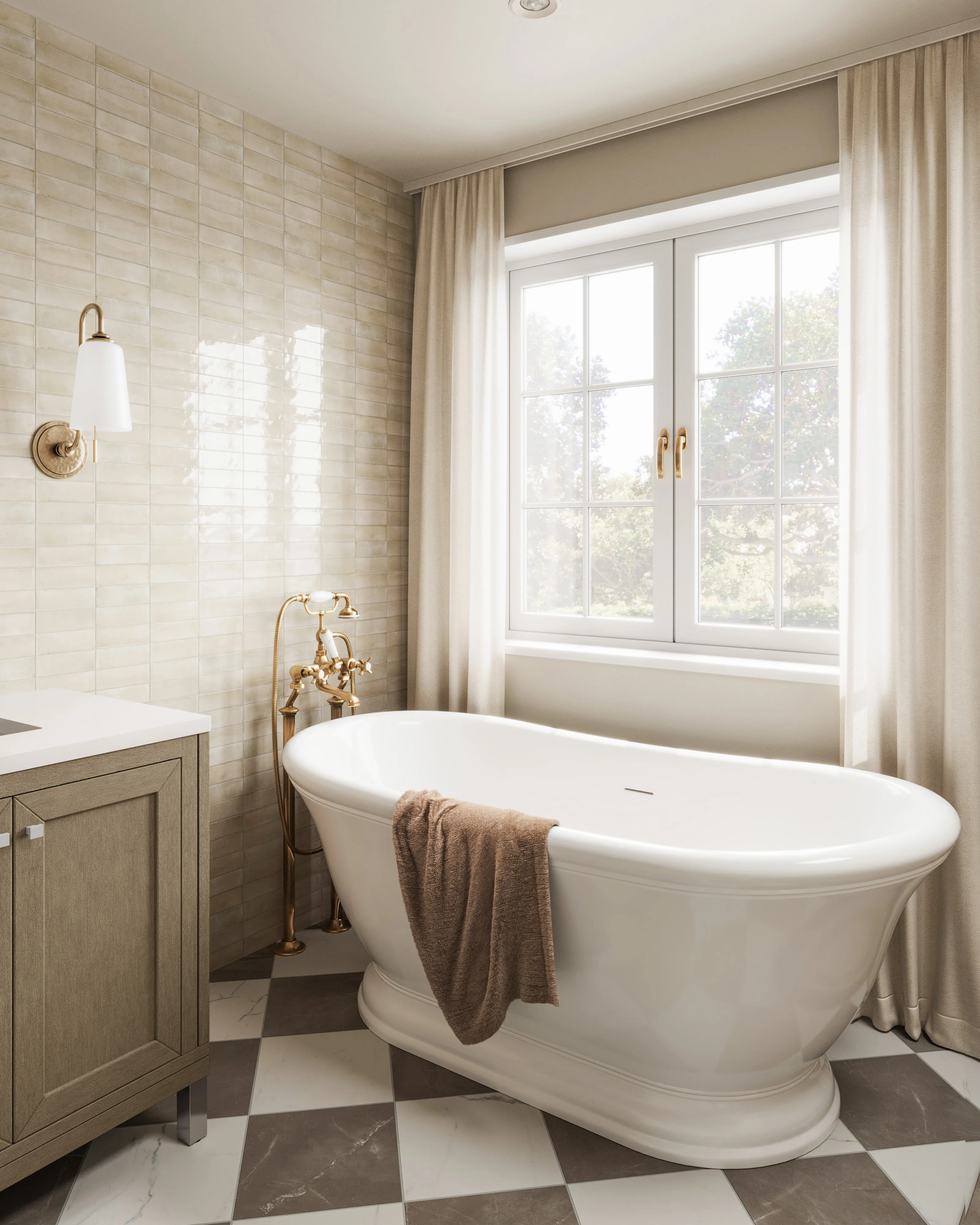 Leona 12x12 Checkerboard Matte Porcelain Tile in Calacatta and Amani Bronze - Image 10