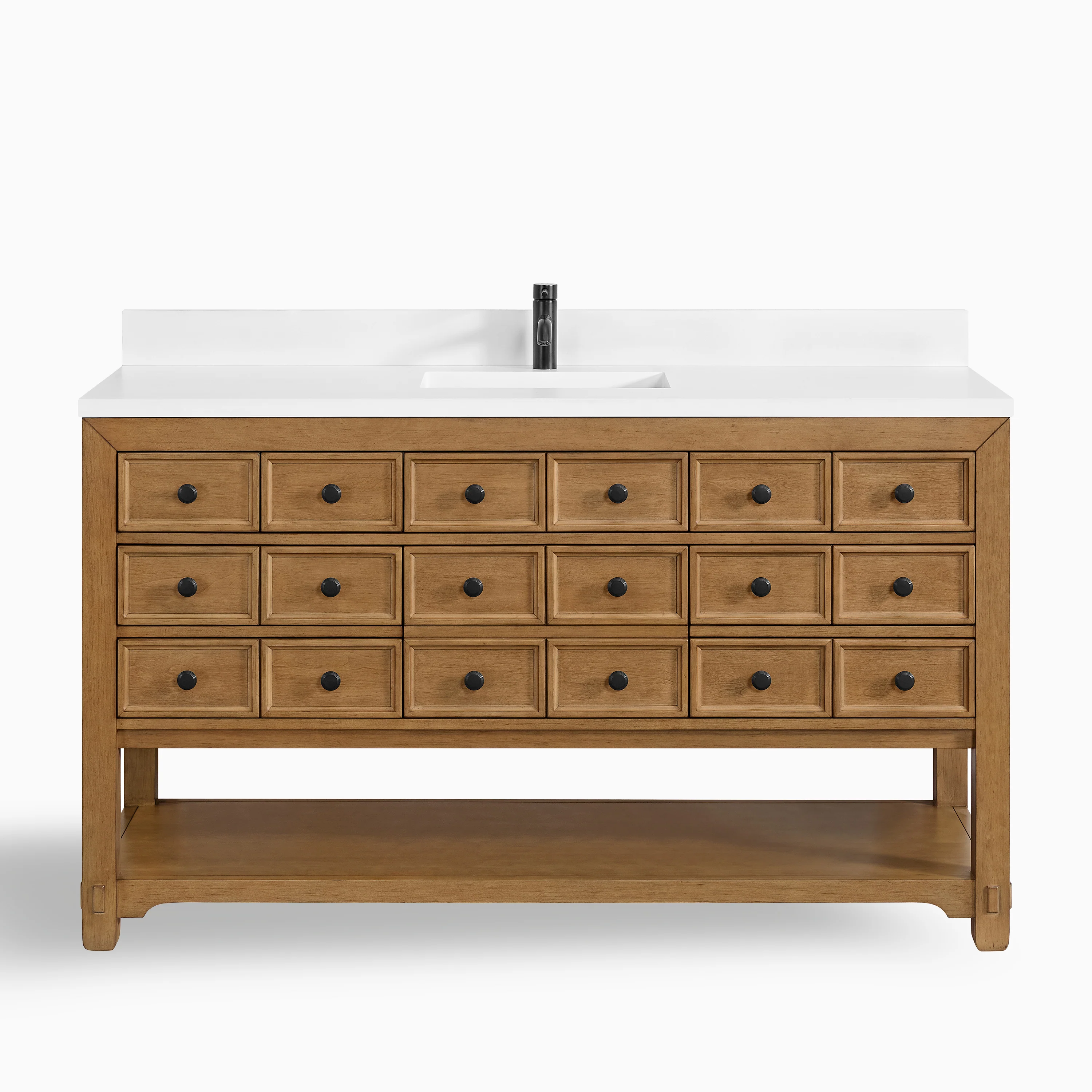 Rosalie 60" Single Vanity in Amber Birch with Single Hole 3 cm White Zeus Quartz Top & Backsplash