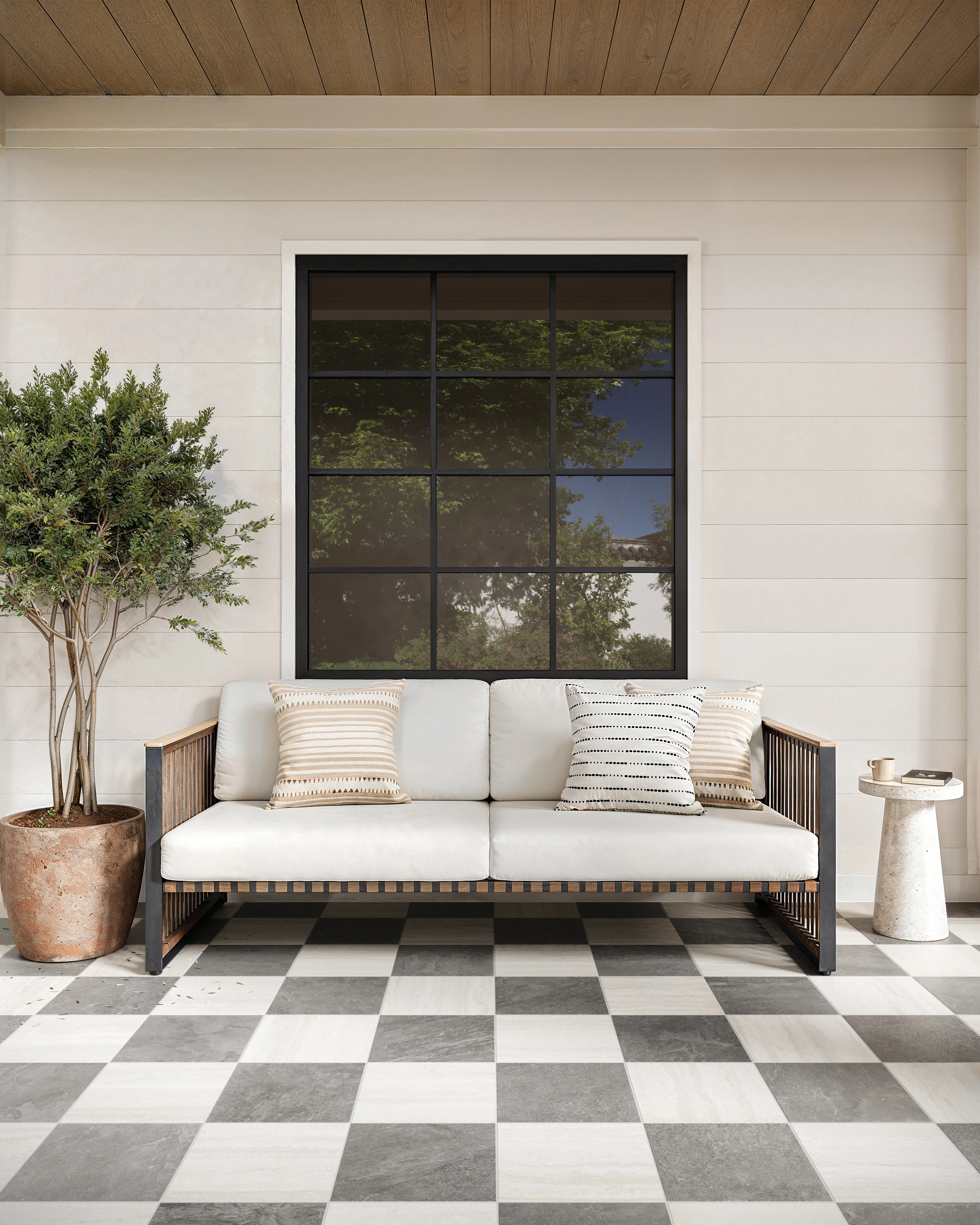 Wren 12x12 Checkerboard Grip 2cm Porcelain Paver Tile in Charcoal & Oat - Image 11